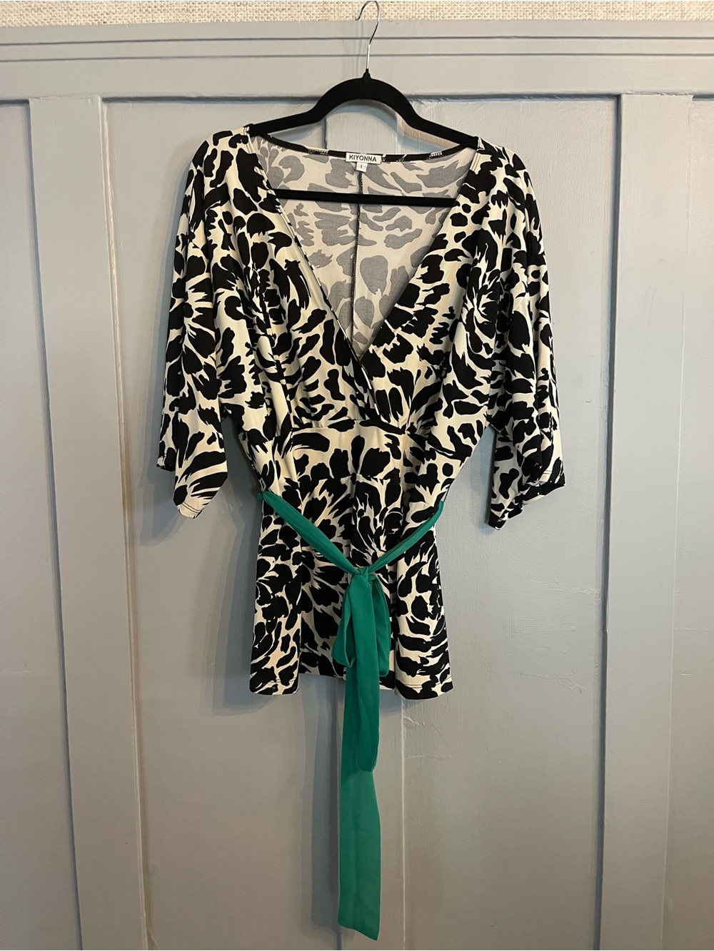Kiyonna Black & White Floral Wrap Top with Green Sash
